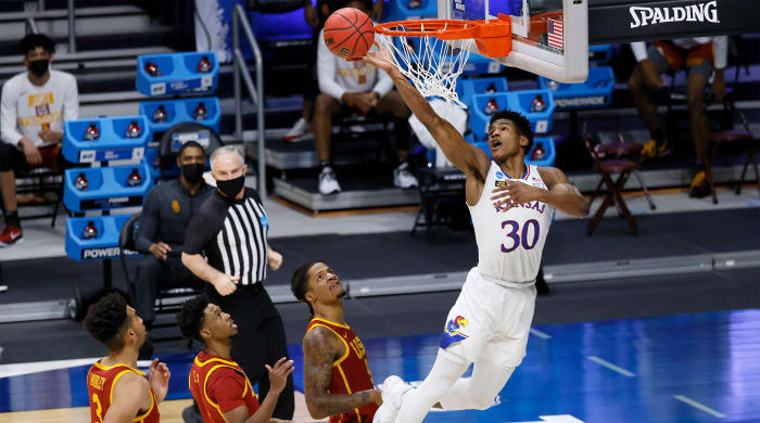 Kansas Jayhawks guard Ochai Agbaji (30) misses on an alleyoop dunk attempt the second round of the 2021 NCAA Tournament on Monday, March 22, 2021, at Hinkle Fieldhouse in Indianapolis, Ind.